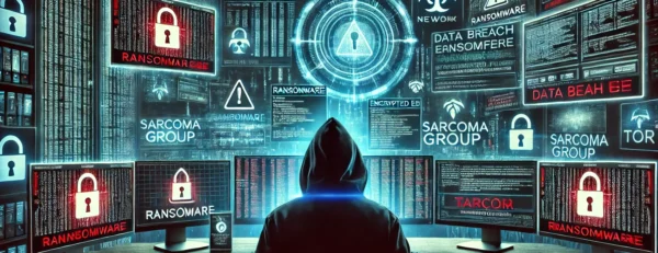 Cyber Threat Alert: Sarcoma Group Ransomware in Focus Hooded hacker in dark room facing multiple screens with ransomware warnings, encrypted file alerts, and a countdown timer, representing Sarcoma Group ransomware on the dark web.